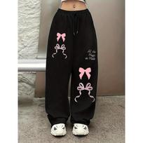 Sweet Pink Bow Pattern Printed Black Pants, Casual Sports Straight Leg Pants, Drawstring Wide Leg Pants, All Season Pants S