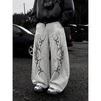 Black Baggy Wide Leg Sweatpants for Men, White Abstract Tribal Flame Prints, Drawstring Closure Street Style Casual Comfort S