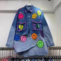 Thai trendy brand Spring & Autumn new denim jacket, loose heavy-duty appliqué printed top, fashionable slimming trendy One size fits all mėlyna