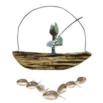 Metal Fisherman Sculpture Wind Chime Hanging Ornament with Wooden Boat and Fish Elements Outdoor Indoor Decorative Art One Size