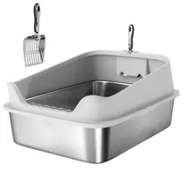 Atviras nerūdijančio plieno kačių tualetas su aukštu kraštu ir kastuvėliu, skirtas didelėms katėms (iki 12 kg), 69,8 x 50,3 x 29,8 cm, pilkos spalvos.