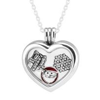 Floating Locket Heart Necklaces 925 Sterling Silver Jewelry Pendants with 3 Inner Parts Christmas Petite Charms white