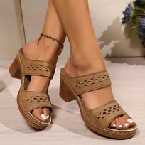 Fashion Retro Hollow Out Thick-Heeled Sandals Women Shoes Summer Lightweight High Heels Slippers Woman Plus Size Outdoor Platform Sandle 43 chaki