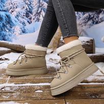 Women's Faux Fur Snow Boots, Metal Detail Slip-On Ankle Boots, Slimming Winter Booties with Lace-Up Option 36 smėlis