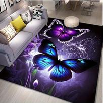 Ryškus drugelių ir violetinių gėlių kilimas modernioms svetainėms - Unikali grindų puošyba, 3D meno kilimas, šiuolaikinis dizainas 50cm x 80cm