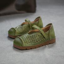 Johnature Natūralios Odos Retro Perforuoti Kvėpuojantys Plokščiapadžiai Sandalai Su Kvadratine Nosimi Patogūs Moteriški Batai 40 žalia