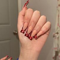 Red Pearlized Heart French Tip Press-On Nails Sweet Style Self-Adhesive False Nail Set Valentines Day Adhesive Type