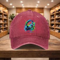 Gaming Headset Print Baseball Cap Washed Denim Adjustable Sports Hat Unisex Casual Streetwear One Size raudona
