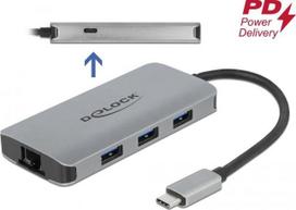 „DeLOCK“ USB 3.2 Gen 1 šakotuvas su 4 prievadais, gigabito LAN ir PD, laidinis, USB 3.2 Gen 1 (3.1 Gen 1) Type-C, 10, 100, 1000Mbit/s, 10BASE-T, 100BASE-TX, 1000BASE-T, IEEE 802.1Q, IEEE 802.1ab, IEEE 802.3, IEEE 802.3az, IEEE 802.3u, IEEE 802.3x, pilkas