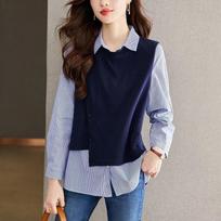 Women's Fake Two-Piece Knit Patchwork Blouse Striped Long Sleeve Shirt S tamsiai mėlyna spalva