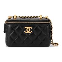 Chanel 24C Juodas dygsniuotas karvės odos auksinio rutulio reguliuojamo dirželio makiažo pečių įstrižai nešiojama moteriška rankinė Gift Set(Basic Set+Box+Shopping Bag) juoda