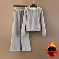 Women's Fleece-lined Korean Style Hoodie & Wide-leg Pants Set for Autumn/Winter 2025 XL