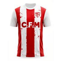 Raudonai balta dryžuoti futbolo marškinėliai, su C F M logotipu ir komandos herbu S white