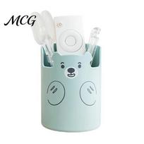 Plastic Pen Holder Cute Bear 2-in-1 & Phone Stand, Macaron Colors Desk Organizer, Large Study Table Capacity Storage for Pens Makeup Brushes Scissors mėlyna