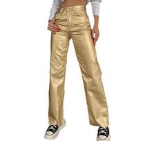 Spring/Autumn Pocket Loose Wide Leg Retro Straight Leg Gold Silver Pants Women's Trousers S auksas