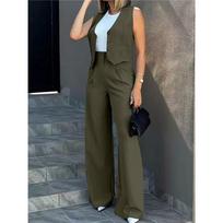 Women 2 Piece Suit Sleeveless Button Vest High Waist Wide Leg Pants Office Casual Outfit L armijos žalia spalva