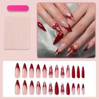 Red French Bow Press On Nails, Long Stiletto Fake Nails, 3D Red Bow Removable Elegant False Nail Tips United States