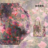 16-Rib Folding Umbrella Women UV Protection Rain Sun Dual Use Lightweight Large Canopy Purple Bloom - Upgraded - Curved Hook Handle
