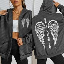Jo Angelas Kūrybiški Sparnai Menas Raidžių Spausdinimas Užtrauktuku Gobtuvai Moteriškas Gobtuvas Laisvalaikio Minkštas Gobtuvas Vilnos Komfortiškas Streetwear S