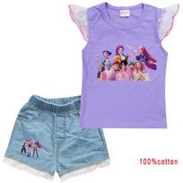 Kids Girls Anime Cartoon Super Star Rumi Zoey Mira POP Singer Printing Mesh Short Sleeves T-shirt Jeans Shorts Clothes Set 100cm violetinė