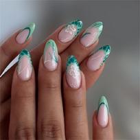 French Floral Pattern Press On Nail Green Design Quick Application False Nail Holiday Party Wear ABS Materials 1