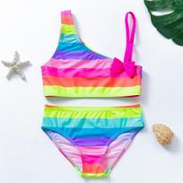 New Girls' Angled Shoulder Rainbow Stripe Bikini Swimsuit Korean Style Girls Split Bikini Swimsuit Swimsuit Set 34Y raudona