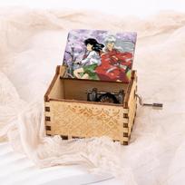 New Painting Inuyasha Hand Crank Mini Music Box Wood Music Boxes Wooden 18 Notes Movement Music Box (as the picture,Small)