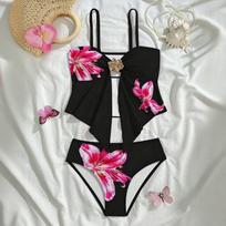 Merginų dviejų dalių bikini komplektas Gėlių rašto maudymosi kostiumas Reguliuojamos petnešėlės Priekinis viršutinis dalis Patogūs maudymosi drabužiai Vaikams Jaunimui 10 juoda
