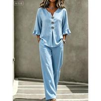Women 2 Piece Outfit Set, V Neck Ruffle 3/4 Sleeve Top & Long Pants Casual Matching Suit S dangaus mėlyna spalva