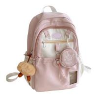 Girls Backpack School Backpack with Campus ID Window Drawstring Front Pocket Schoolbag rožinė