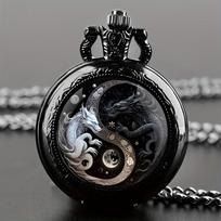 Creative Black and White Dragon Animal Pocket Watch with Necklace Pendant World-Time Feature, Analog Display For Women Men Kids juoda