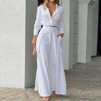New Fashion Casual Solid Turn-Down Collar Slim Fit Wide Leg Long Pants Set for Women S balta