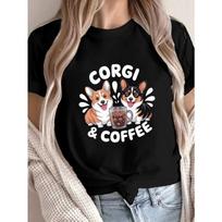 European sizes Corgis And Coffee Cartoon Print T-shirt, Short Sleeve Crew Neck Casual Top for Summer & Spring, Women's Clothing S juoda