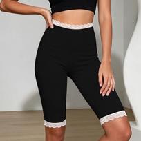 Women’s Casual High Waist Lace Trim Bermuda Shorts Stretchy Five Pants Soft Fabric Comfortable Fit for Daily Wear L juoda