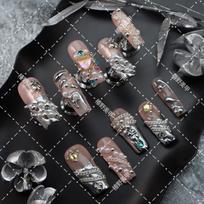 Cyberpunk Chic Press-On Nails With Pearl Crystal Embellishments Sheer Pink Base Handcrafted Acrylic Tips Women L Includes 3-piece set: nail tips tools