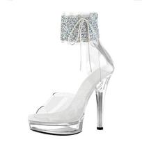 15CM Stiletto Clear Crystal Pole Dance Heels - Sexy Wrist Strap Platform Sandals with Glitter, Fetish Club Dance Footwear 35
