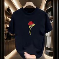 Men and Women Couple Short-sleeved T-shirt Round Neck Rose Print T-shirt Pure Cotton Simple Loose Versatile Top S