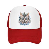 Floral Cat Royal Portrait Trucker Cap Breathable Mesh Baseball Hat Adjustable Summer Outdoor One Size raudona