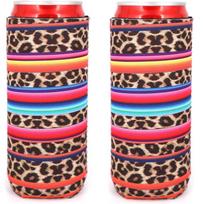 2 Pack Slim Can Cooler Sleeves Neoprene Rainbow Leopard Insulator for Beer 2pcs Random Colors