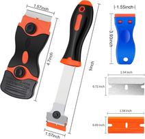 Razor Blade Scraper Tool, 3 Pack with 50 Plastic & 30 Metal Razor Blades, Cleaning Scraper for Removing Label, Appliance, Glass (Orange,Scraper) oranžinė