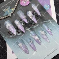 Press-On Nails With 3D Starfish Shell Design Glitter Ocean Theme Acrylic False Women Long Pointed Style L Includes 3-piece nail art tool kit