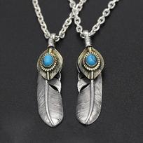 S925 Sterling Silver Jewelry Vintage Thai Silver Personality Hand Turquoise Eagle Feather Pendant