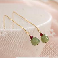 925 sterlingų sidabrinė grandinėlė Hetian Jade Gold Line Drop Long Auskarai Moteriška ausų linija Raudono granato karoliukų papuošalai Dovana meilužio vestuvėms white