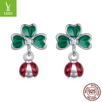 Four-Leaf Clover Ladybug Stud Earrings Female, Lucky Natural Fresh S925 Sterling Silver Earrings Earrings 925 silver