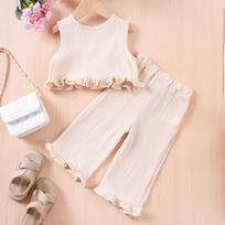 Summer Girls Fashion Sleeveless Lace Straight Pants Suit Two-piece Set New Cotton Crepe Double Cross-border Exclusive Supply 80cm1Y smėlis