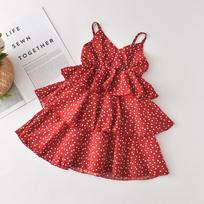 Girls' Style Dress, Summer Style Foreign Trade New Style Chiffon Polka Dot Suspender Skirt, Children's Princess Dress, Trendy Style 90 raudona