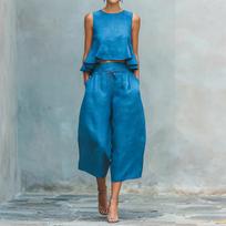 Fashionable And Sexy Women's Spring And Summer Retro Elastic Waist Strap Linen Suit Women's Fashion Color Casual Two-piece Set L mėlyna