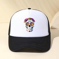 Sugar Skull Flower Print Trucker Hat Colorful Day of The Dead Mesh Baseball Cap Unisex Casual Adjustable One Size