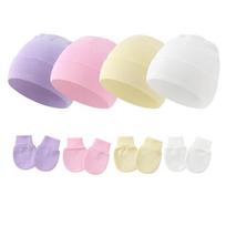 4PCS Baby Beanie Hat And Mittens Set Cotton Infant Newborn Anti Scratch Gloves Soft Warm Breathable Cap For 0-12 Months Everyday Wear Boys Girls Pink 4PCS