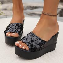 Sandal Slippers Sexy High Heel Leopard Print One Word Drag Summer Slope Heel Thick Bottom Muffin Shoes 37 juoda